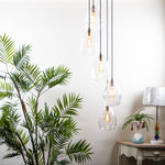 Large pendant cluster light featuring 5 clear lighting shades on dark cable. Lighting is style with a large green plant and smaller lamp.