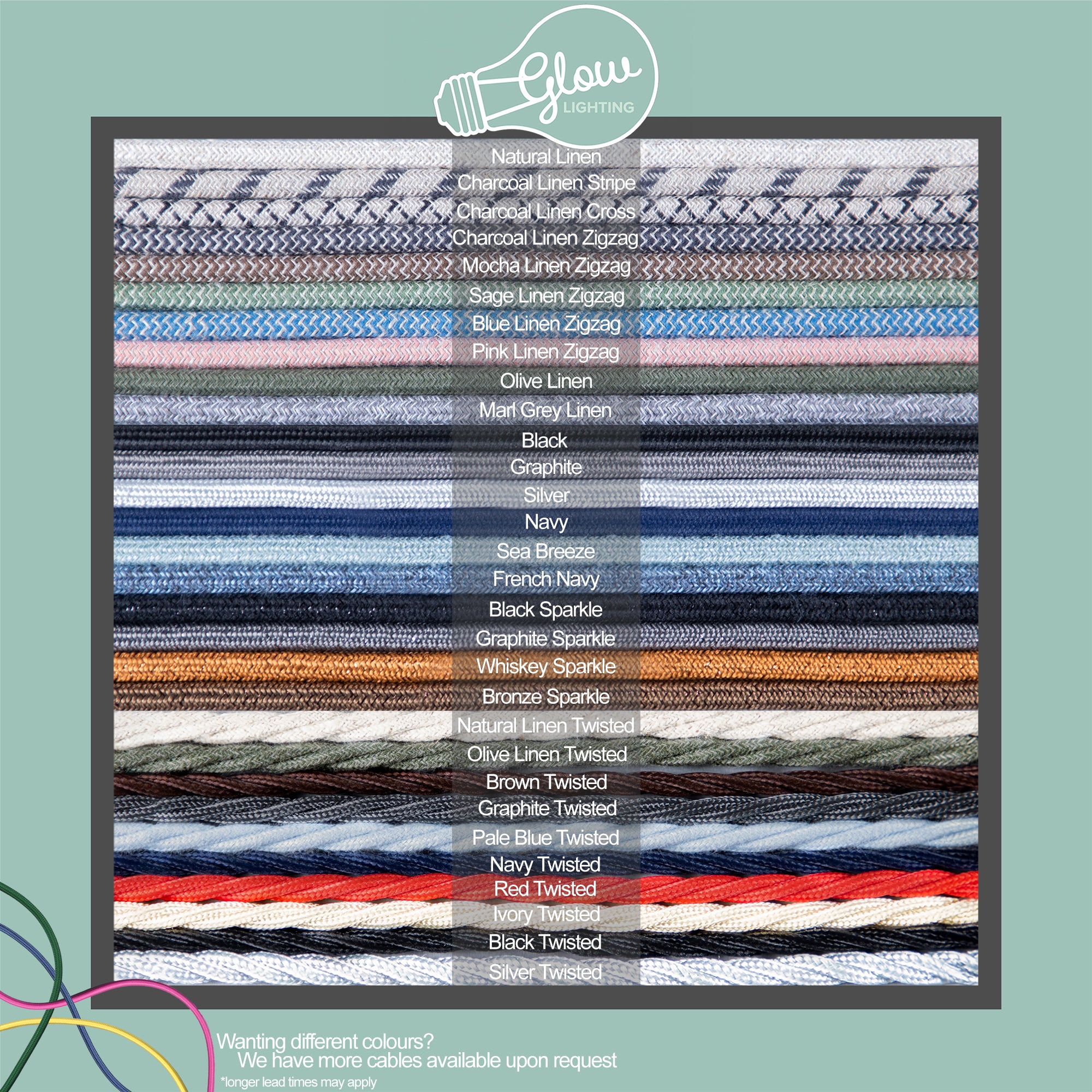 Choose Your Sample Pack Cable, Metal Glass Colours to Try