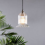 A clear glass pendant light with a fluted design, featuring a metallic finish and suspended by a cable, against a grey background with a green plant to the side.