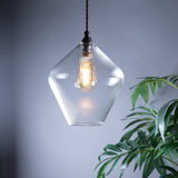 Clear glass diamond shaped pendant light with a visible bulb hanging next to a green plant against a grey background