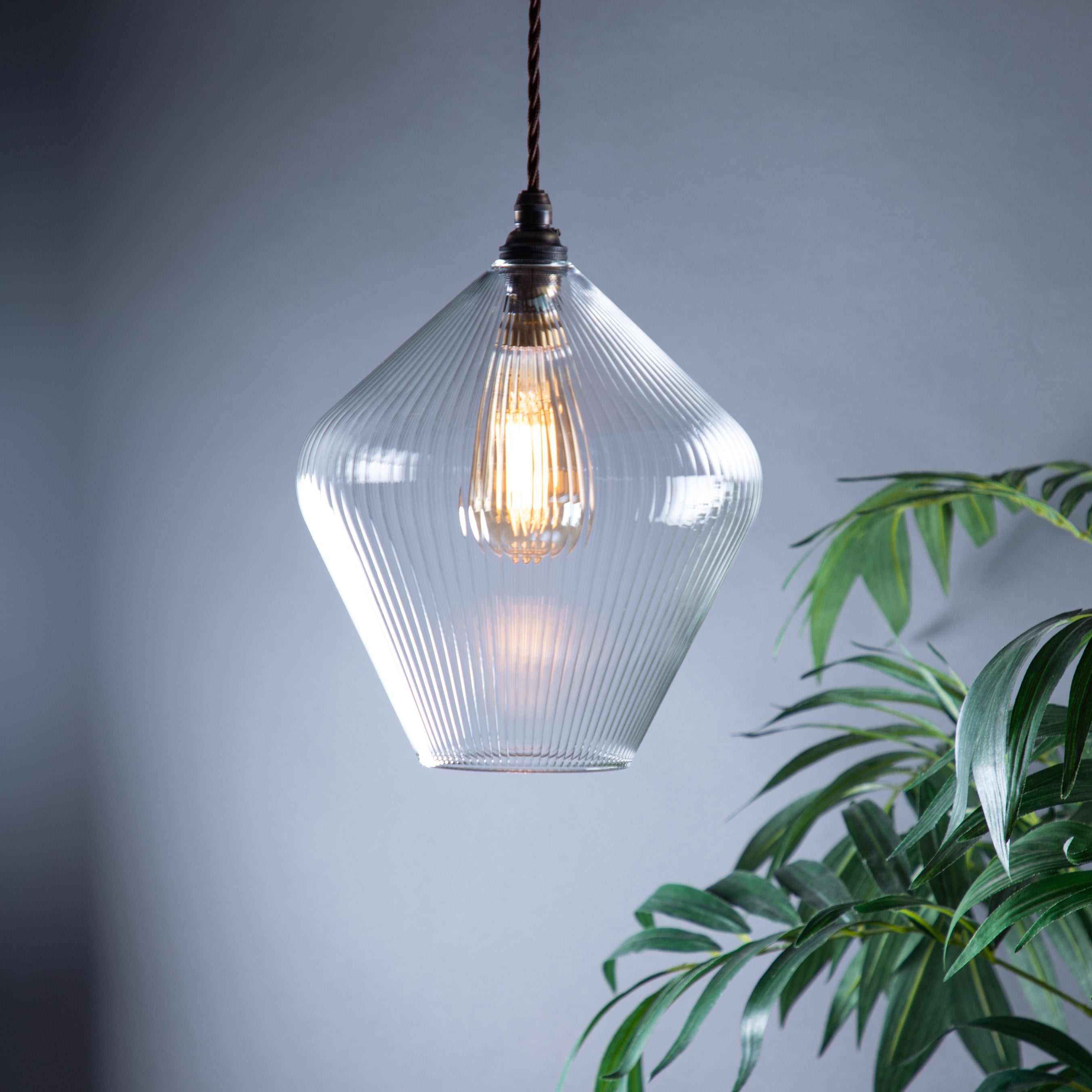 Clear glass diamond shaped pendant light with a visible bulb hanging next to a green plant against a grey background