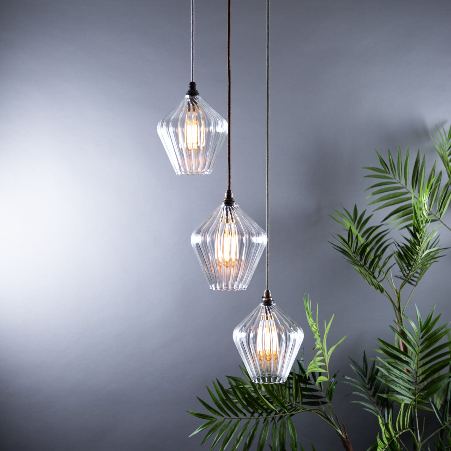 Standard Olive Clear Ribbed Glass Way Cluster Pendant Light