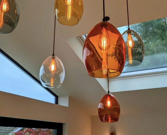 Selection of coloured ceiling lamps for living room