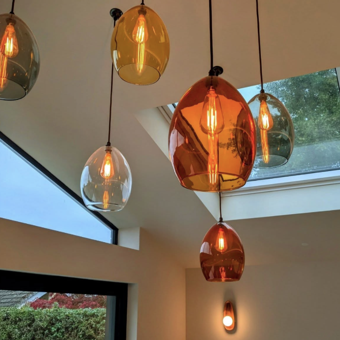 Selection of coloured ceiling lamps for living room