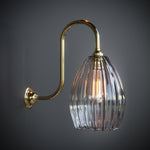 Illuminated swan neck wall light featuring clear ribbed glass and large antique bulbs