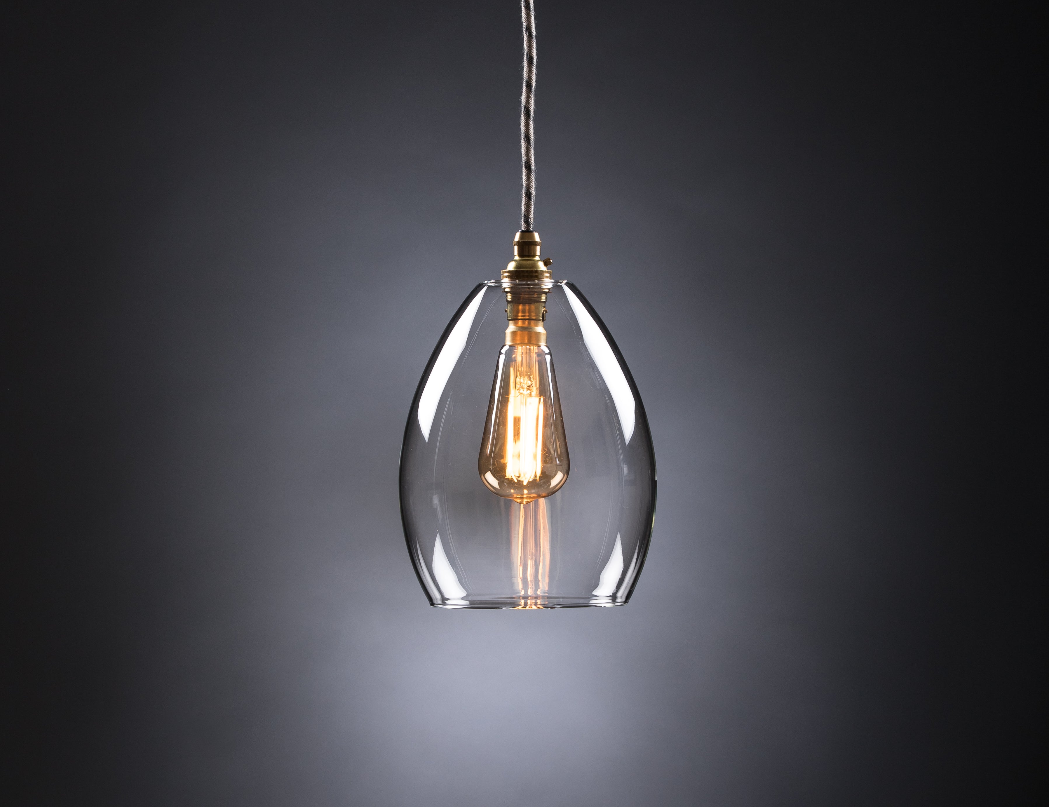 Large clear glass pendant light featuring an illuminated antique bulb and brass fittings.