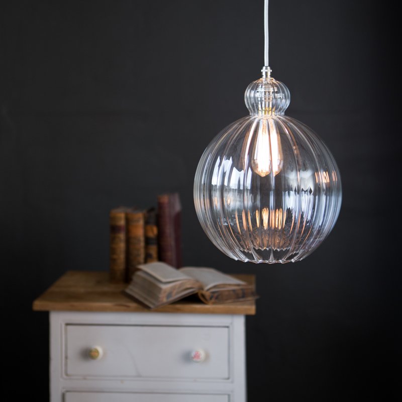 Image of Mabel Large Ribbed Clear Glass Pendant Light 